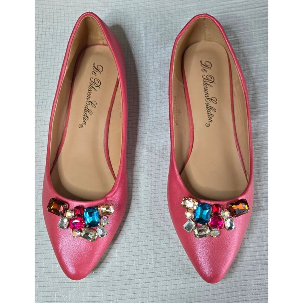 De Blossom Collection Pink Satin Flats w/Multicolor Rhinestones, Size 8, NWOT